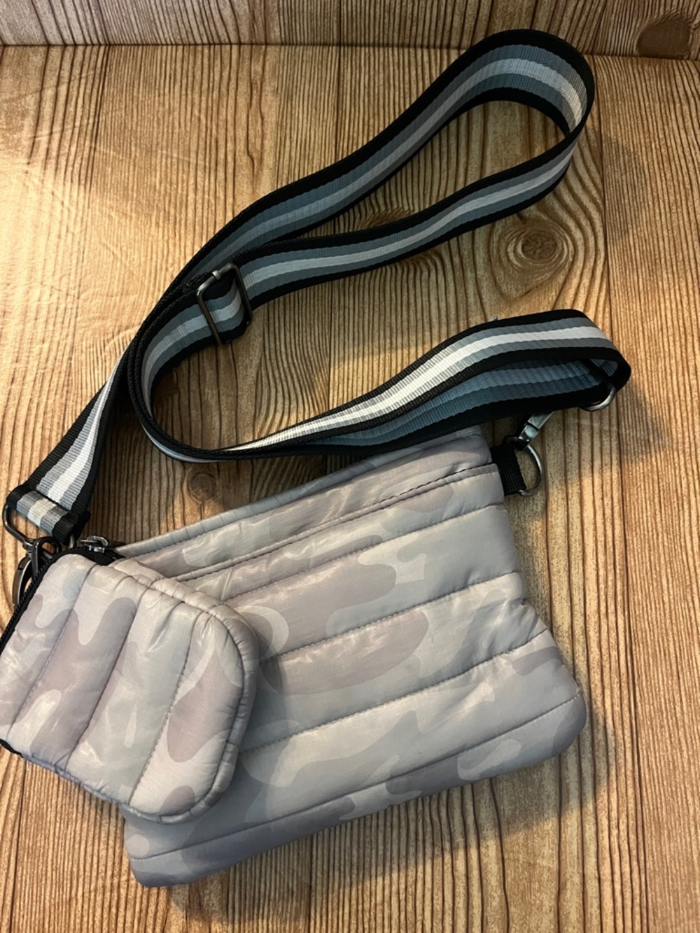 Gray Quilted Crossbody Bag with Striped sport  Strap